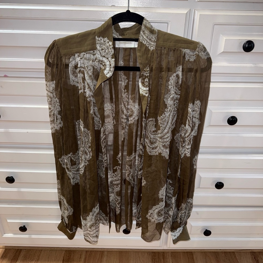 Zimmermann Olive Sheer Paisley Shirt Jacket